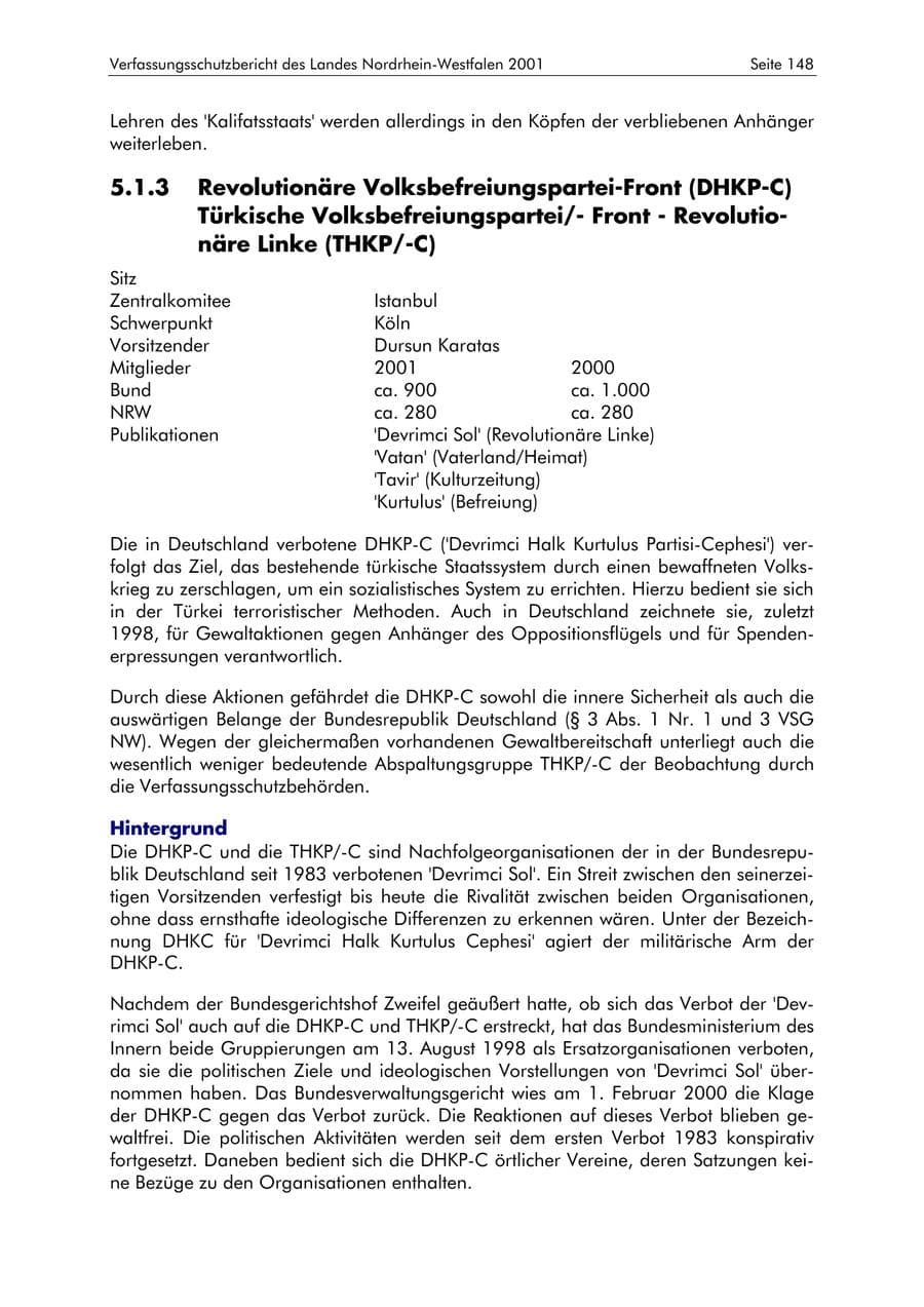 Seite 148 des Verfassungsschutzbericht 2001 Nordrhein-Westfalen