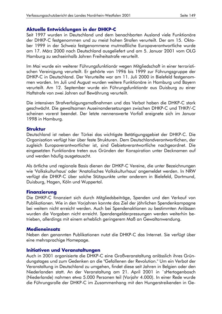 Seite 149 des Verfassungsschutzbericht 2001 Nordrhein-Westfalen