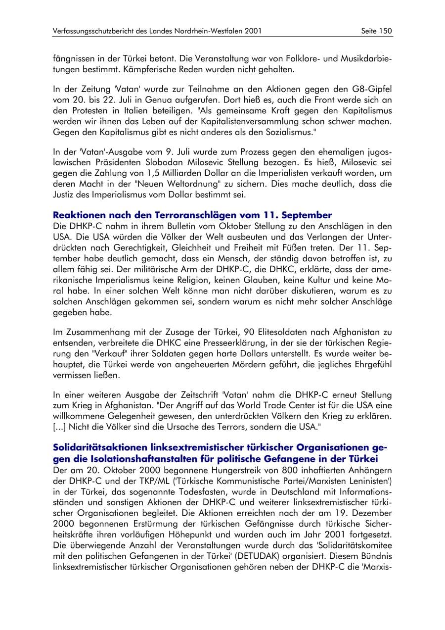 Seite 150 des Verfassungsschutzbericht 2001 Nordrhein-Westfalen