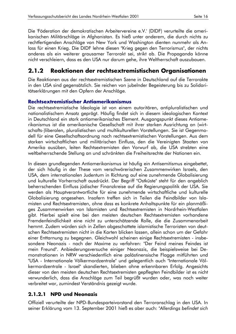 Seite 16 des Verfassungsschutzbericht 2001 Nordrhein-Westfalen