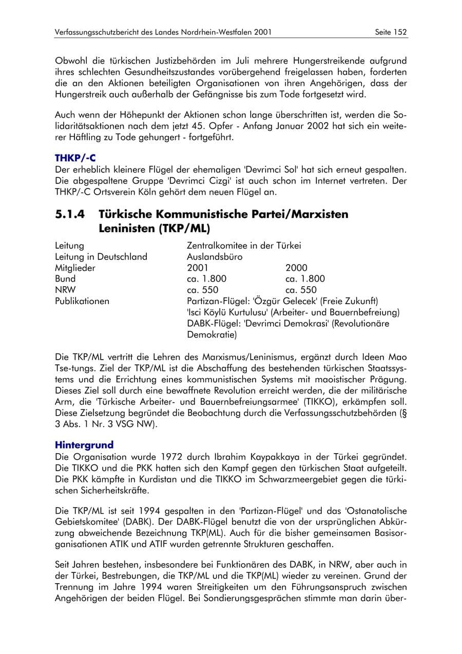 Seite 152 des Verfassungsschutzbericht 2001 Nordrhein-Westfalen