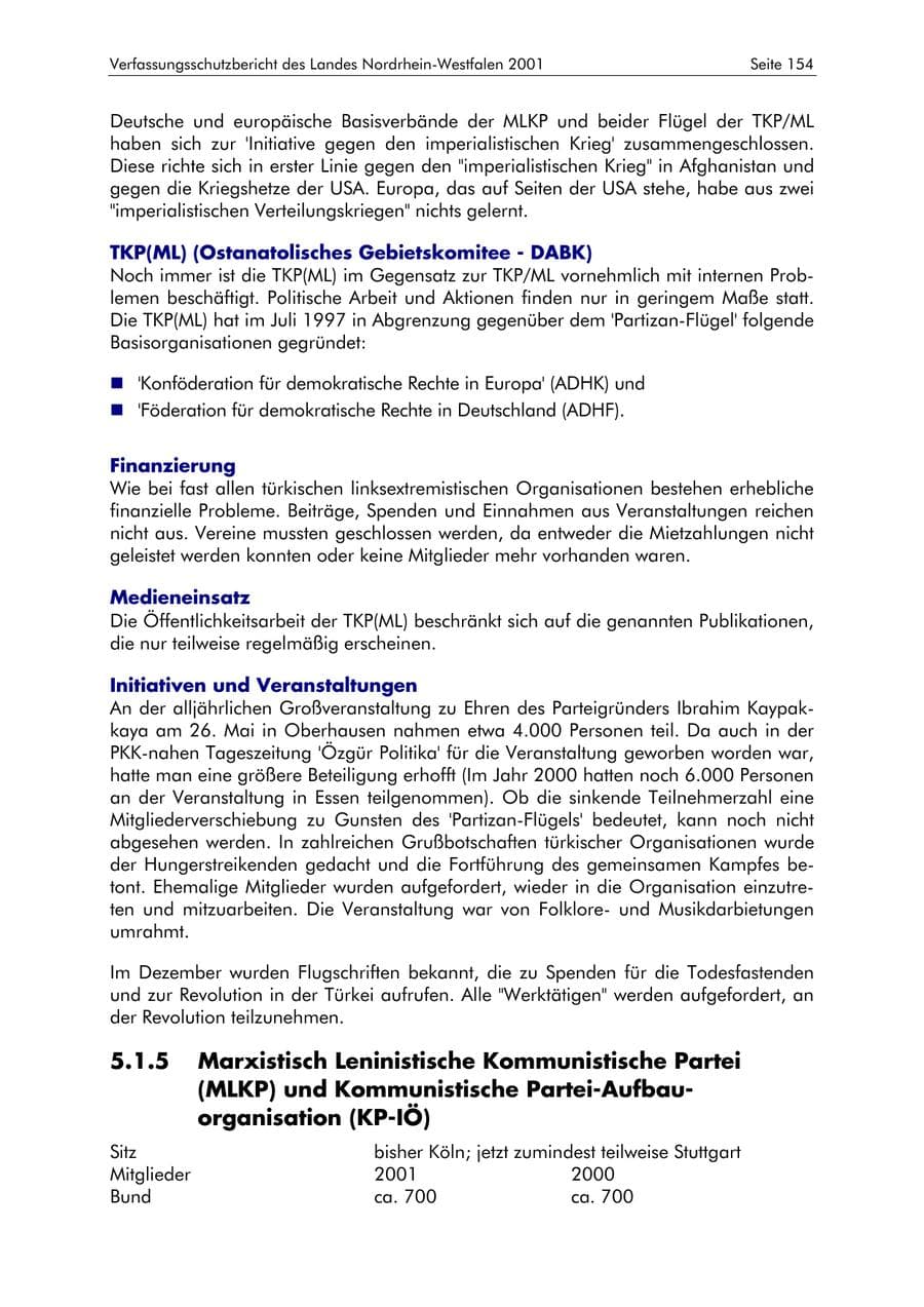 Seite 154 des Verfassungsschutzbericht 2001 Nordrhein-Westfalen