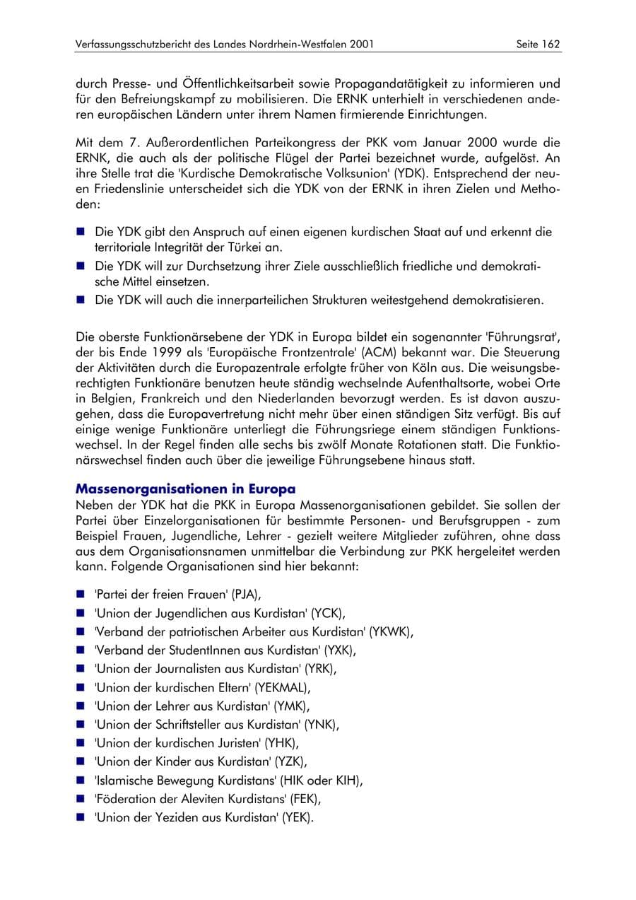 Seite 162 des Verfassungsschutzbericht 2001 Nordrhein-Westfalen