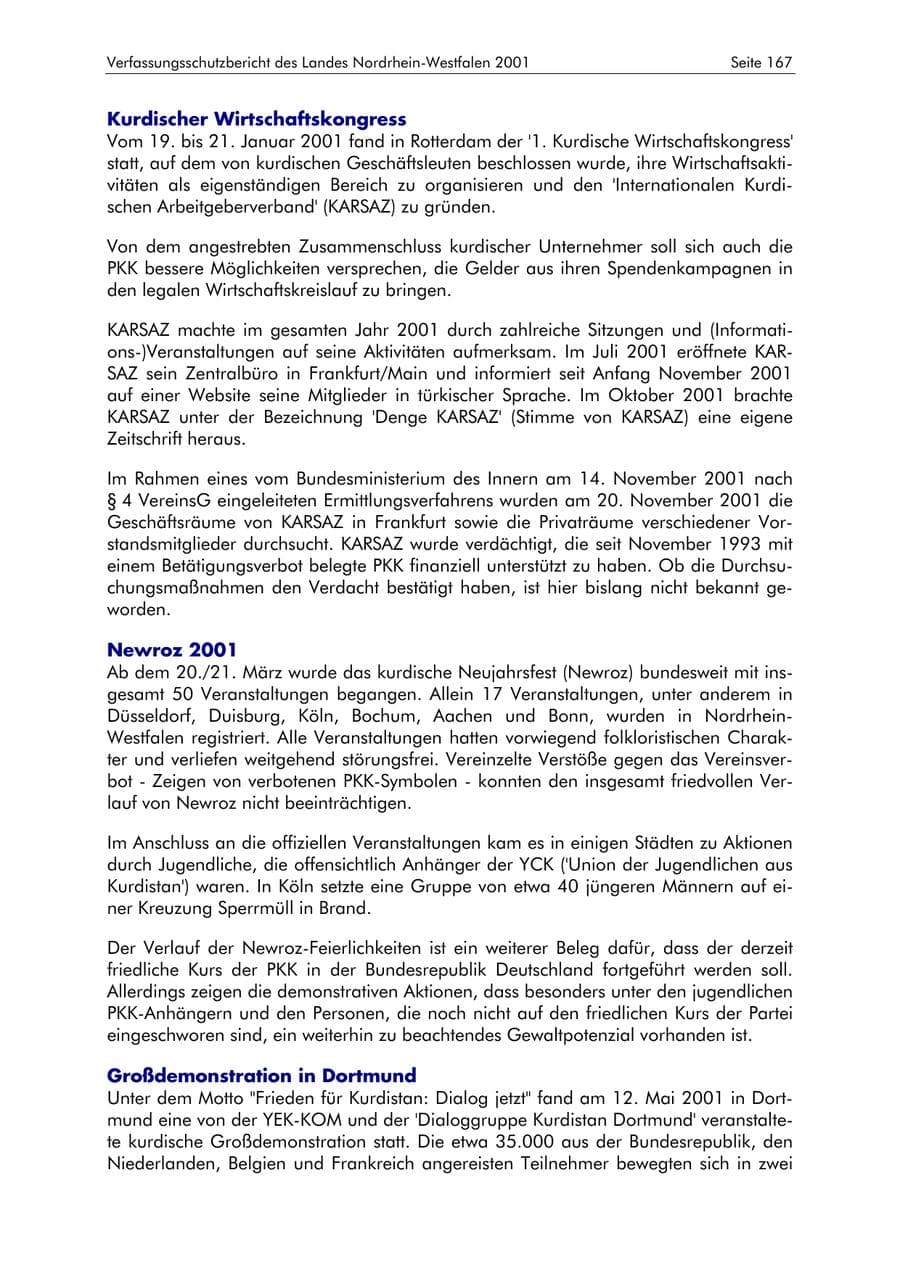 Seite 167 des Verfassungsschutzbericht 2001 Nordrhein-Westfalen