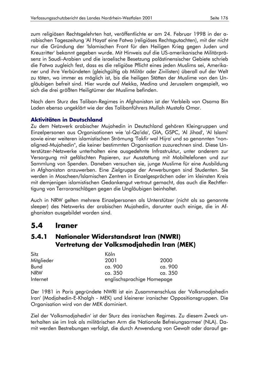Seite 176 des Verfassungsschutzbericht 2001 Nordrhein-Westfalen