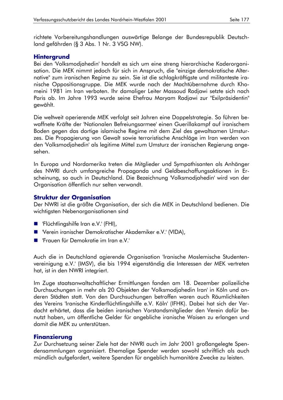 Seite 177 des Verfassungsschutzbericht 2001 Nordrhein-Westfalen