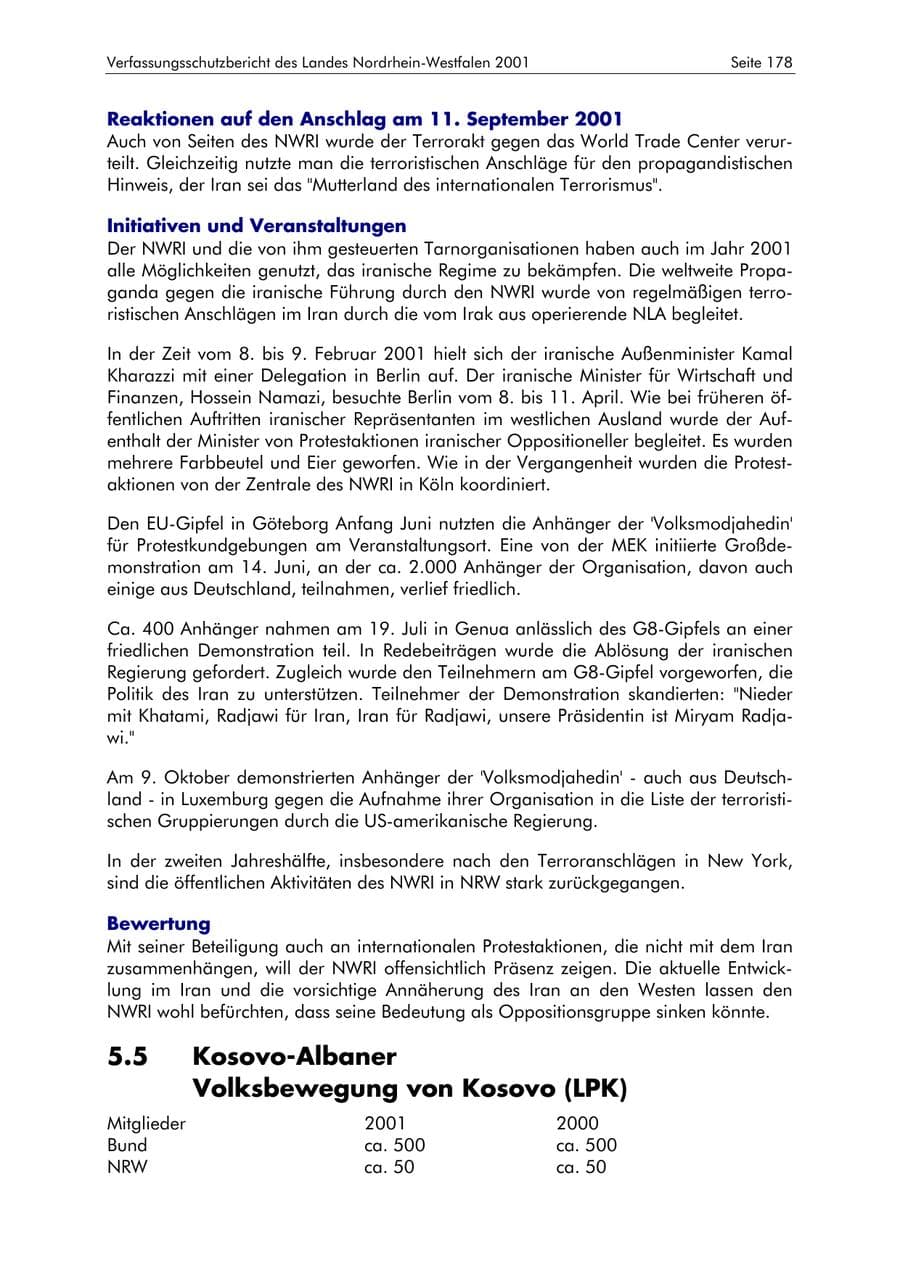 Seite 178 des Verfassungsschutzbericht 2001 Nordrhein-Westfalen