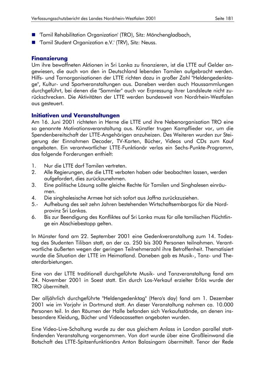Seite 181 des Verfassungsschutzbericht 2001 Nordrhein-Westfalen