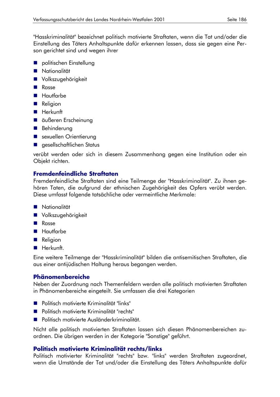 Seite 186 des Verfassungsschutzbericht 2001 Nordrhein-Westfalen