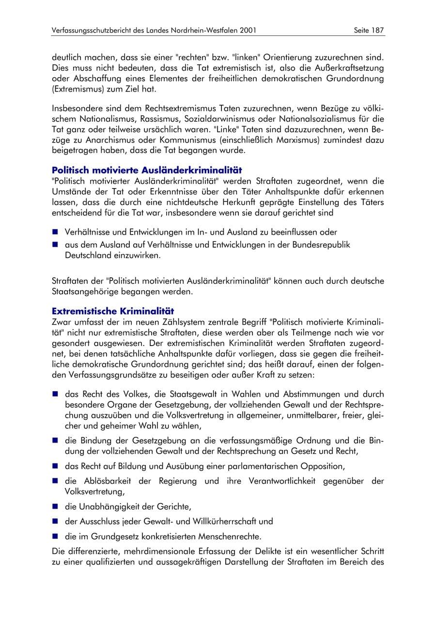 Seite 187 des Verfassungsschutzbericht 2001 Nordrhein-Westfalen