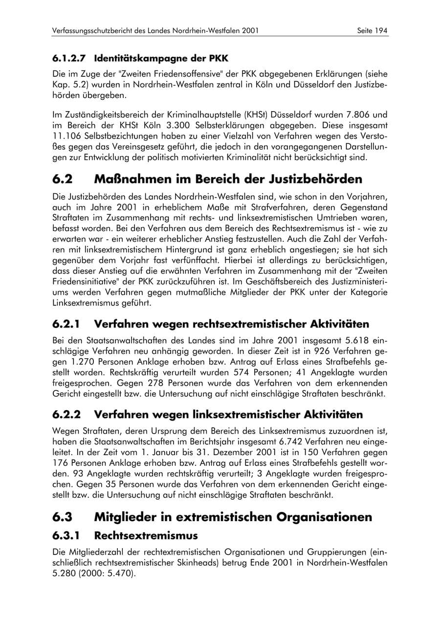 Seite 194 des Verfassungsschutzbericht 2001 Nordrhein-Westfalen