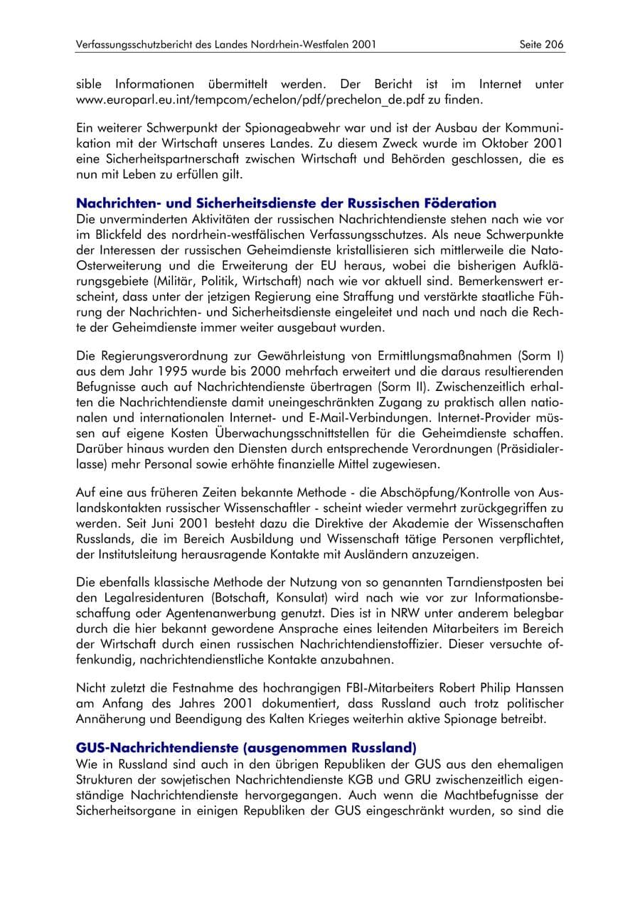 Seite 206 des Verfassungsschutzbericht 2001 Nordrhein-Westfalen
