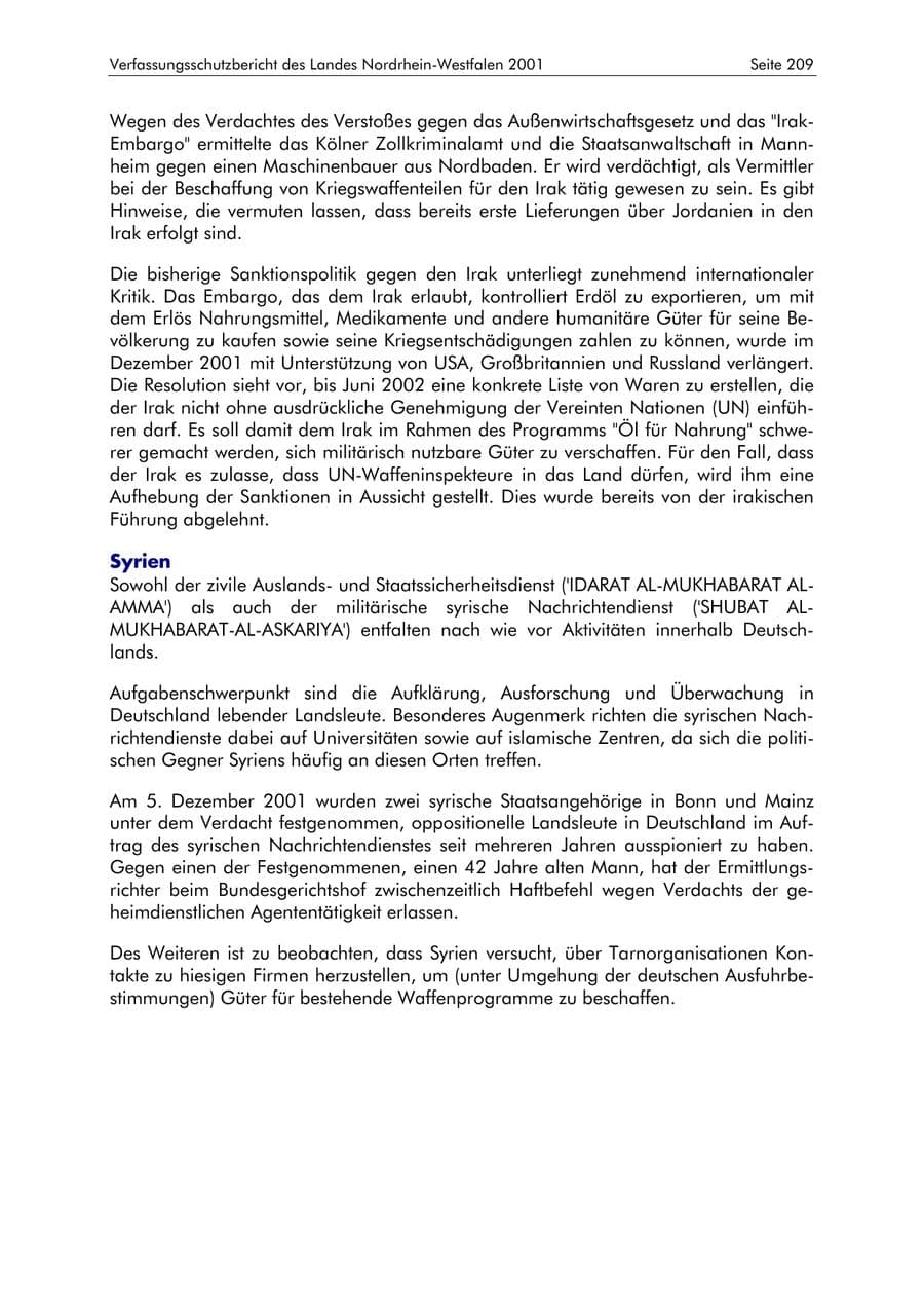 Seite 209 des Verfassungsschutzbericht 2001 Nordrhein-Westfalen