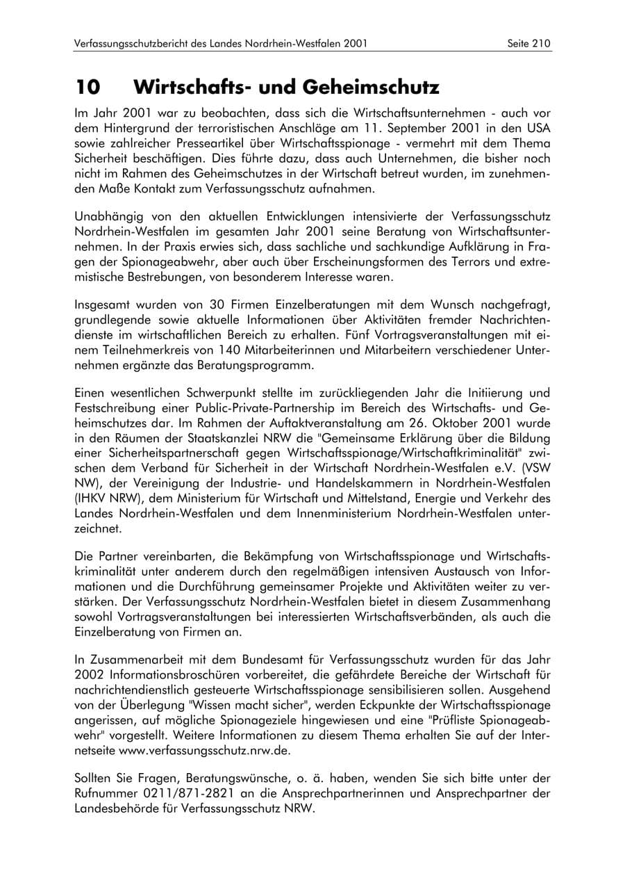 Seite 210 des Verfassungsschutzbericht 2001 Nordrhein-Westfalen