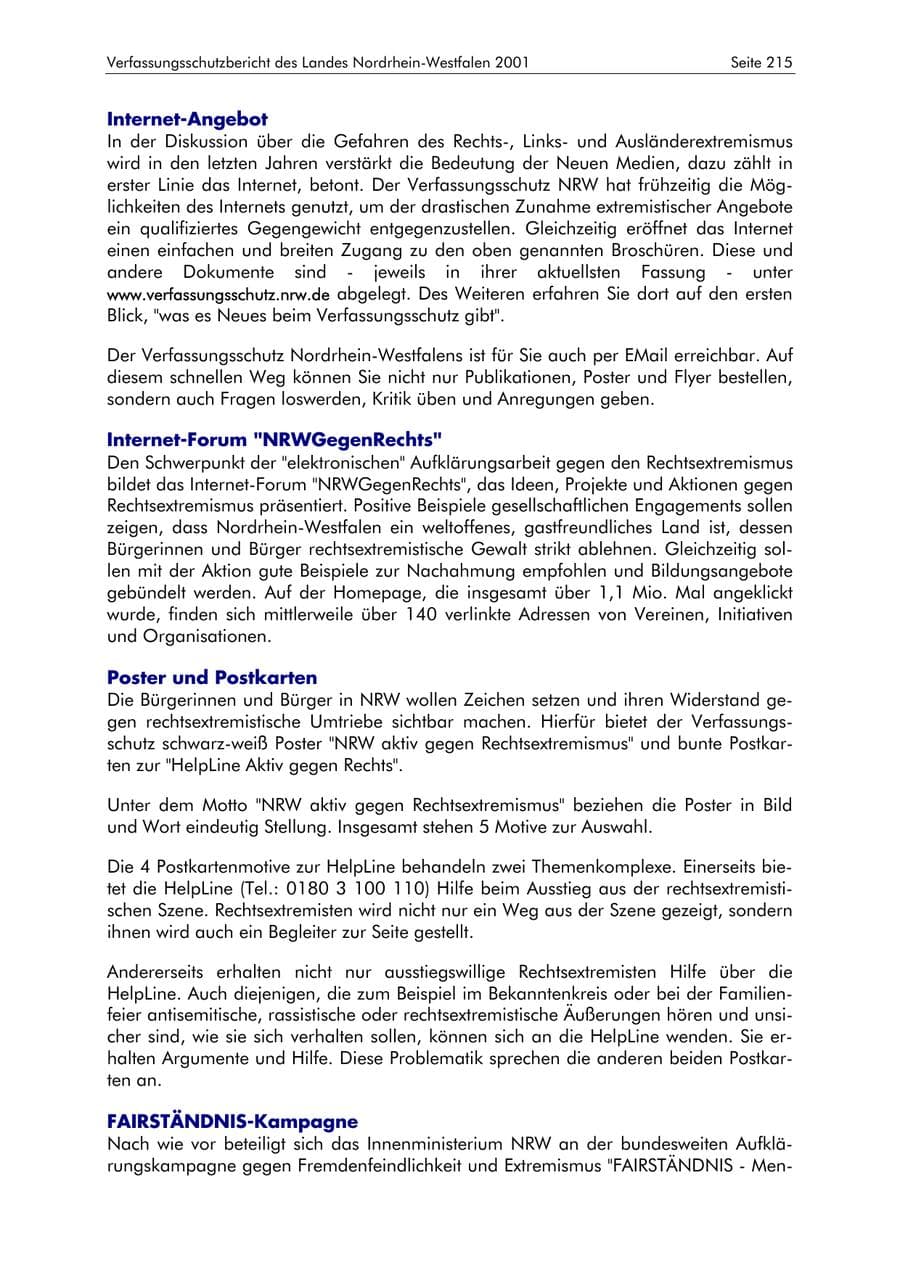 Seite 215 des Verfassungsschutzbericht 2001 Nordrhein-Westfalen