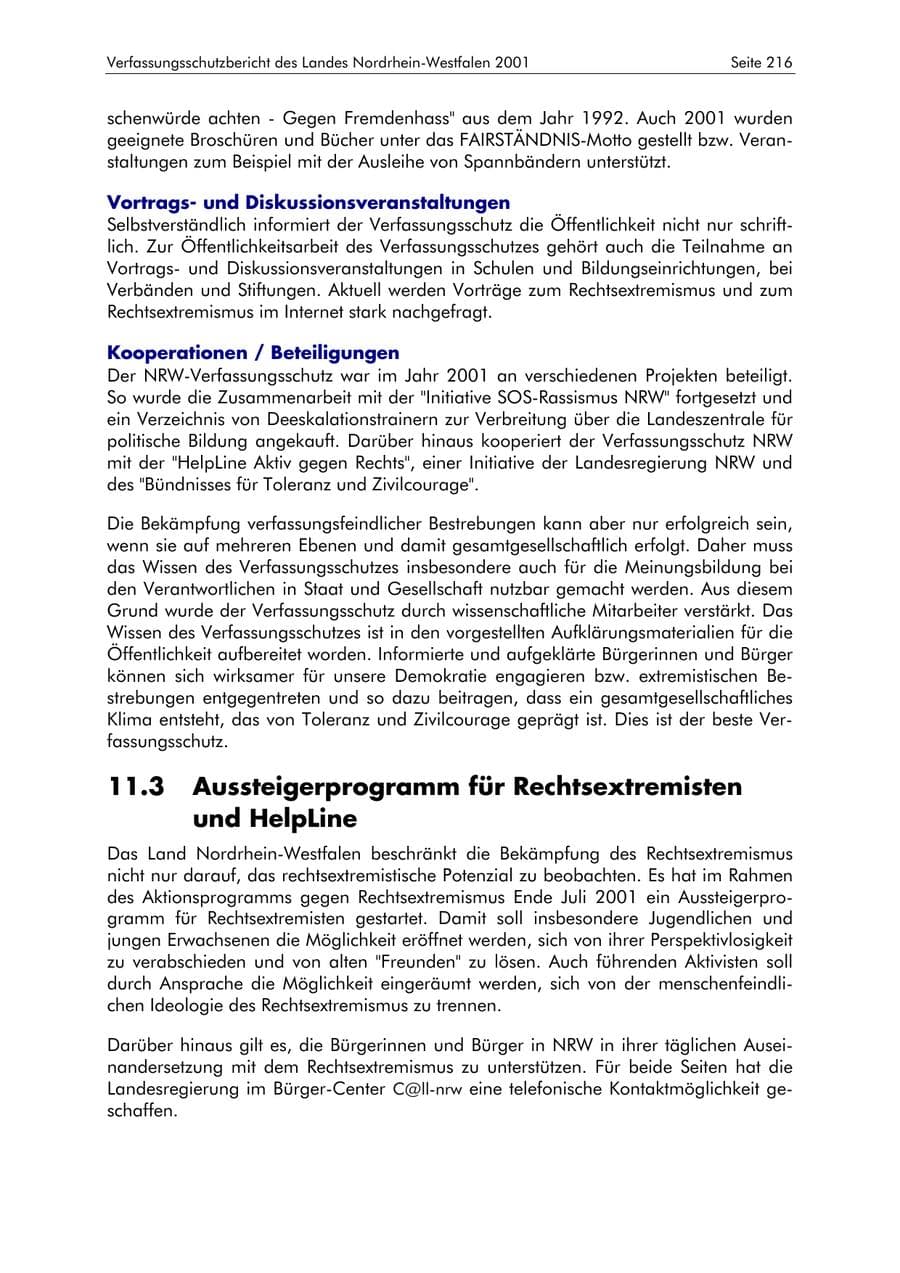 Seite 216 des Verfassungsschutzbericht 2001 Nordrhein-Westfalen