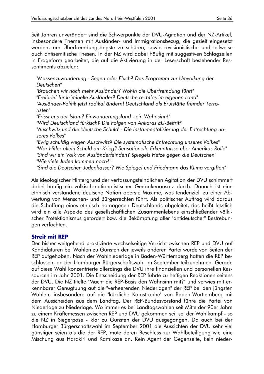 Seite 36 des Verfassungsschutzbericht 2001 Nordrhein-Westfalen