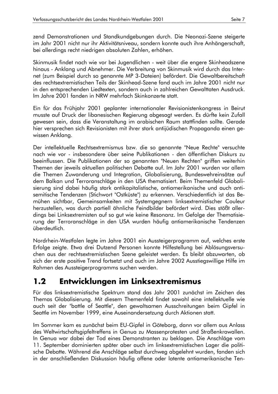 Seite 7 des Verfassungsschutzbericht 2001 Nordrhein-Westfalen