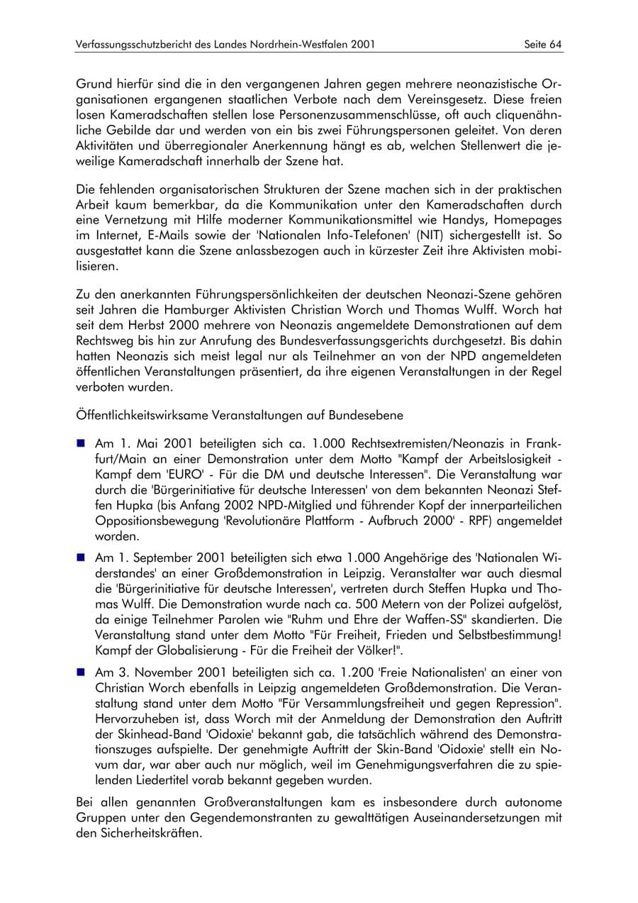 Seite 64 des Verfassungsschutzbericht 2001 Nordrhein-Westfalen