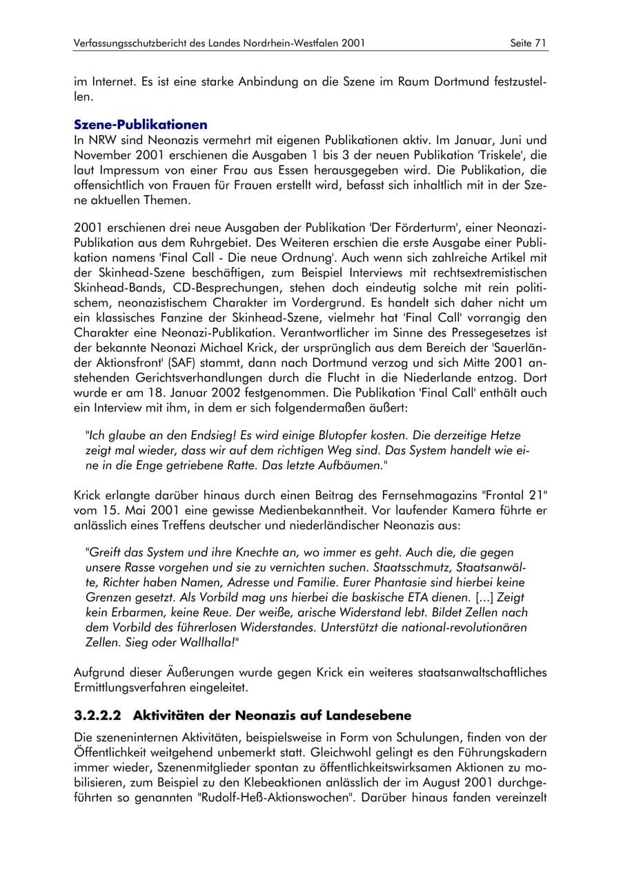 Seite 71 des Verfassungsschutzbericht 2001 Nordrhein-Westfalen