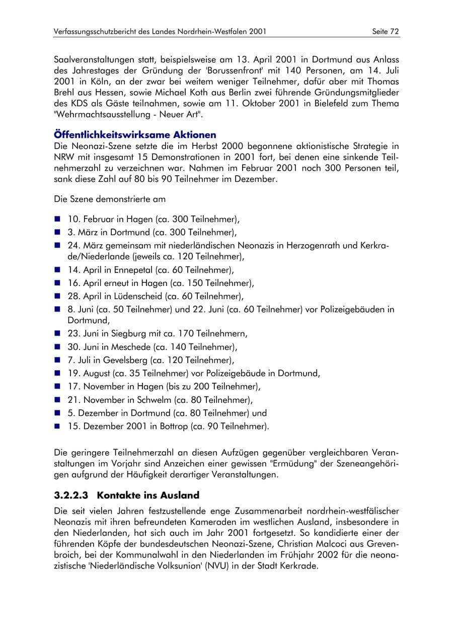 Seite 72 des Verfassungsschutzbericht 2001 Nordrhein-Westfalen