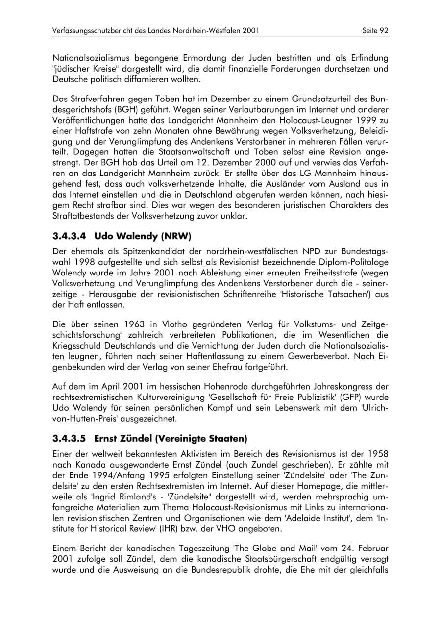 Seite 92 des Verfassungsschutzbericht 2001 Nordrhein-Westfalen