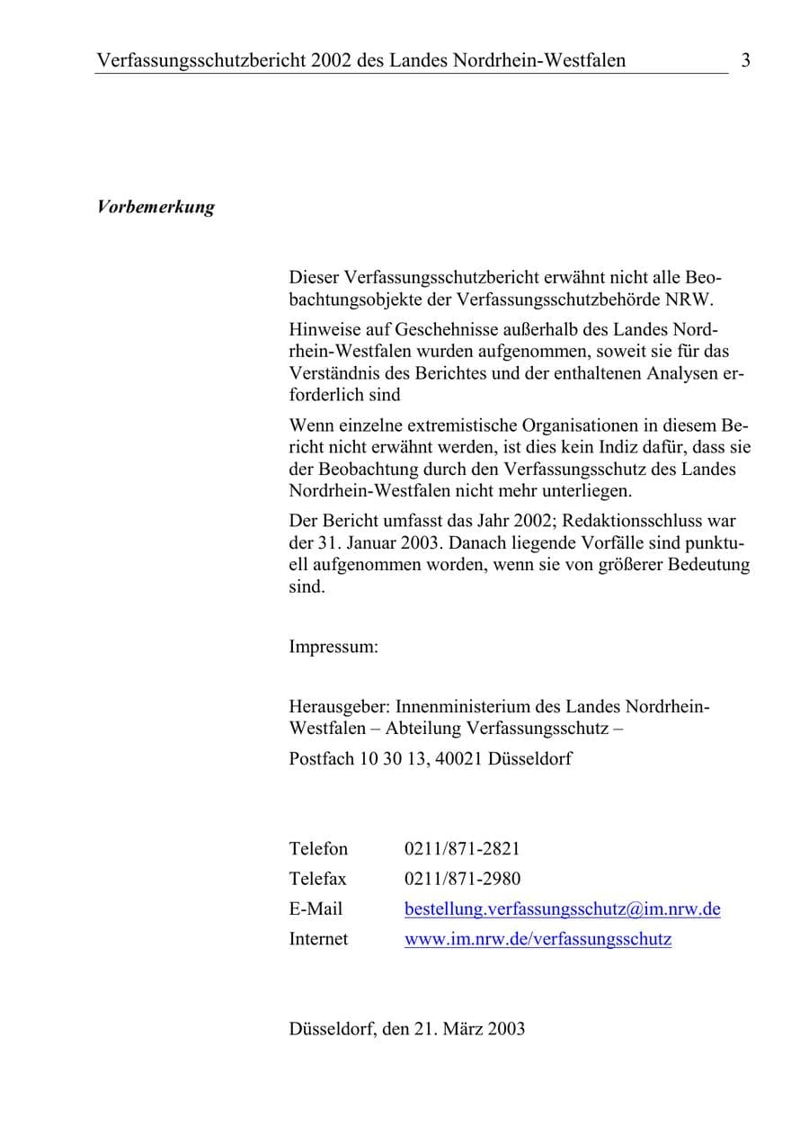 Seite 2 des Verfassungsschutzbericht 2002 Nordrhein-Westfalen