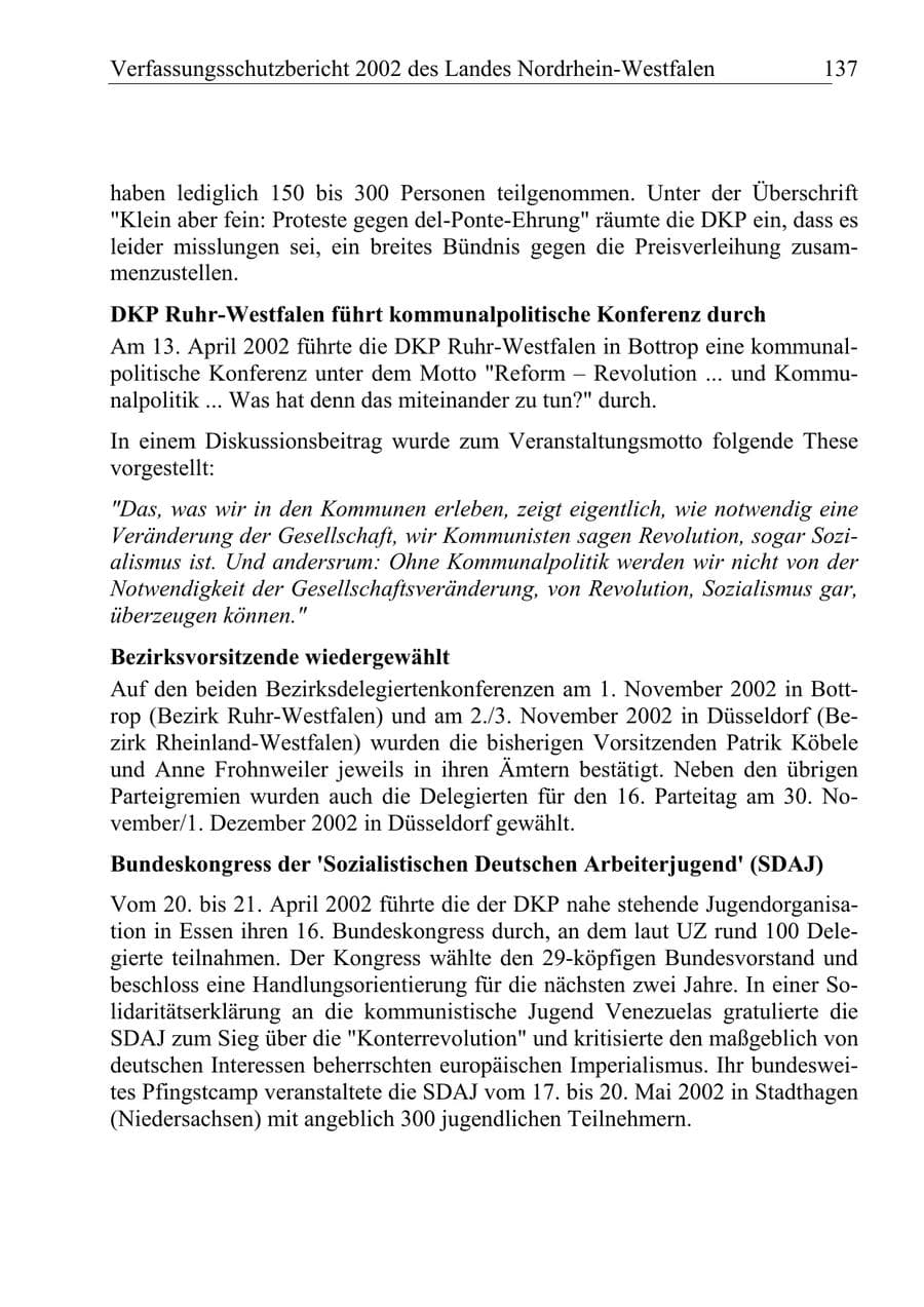 Seite 136 des Verfassungsschutzbericht 2002 Nordrhein-Westfalen