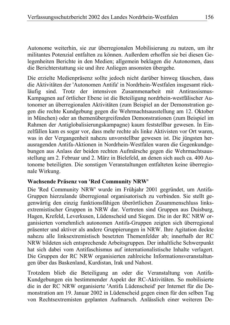 Seite 155 des Verfassungsschutzbericht 2002 Nordrhein-Westfalen