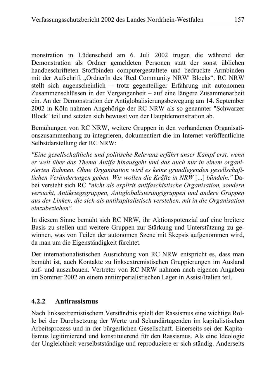 Seite 156 des Verfassungsschutzbericht 2002 Nordrhein-Westfalen