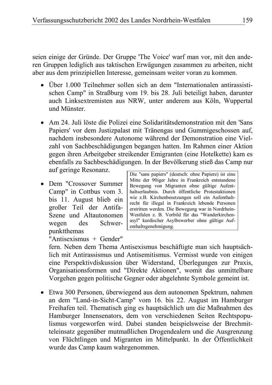 Seite 158 des Verfassungsschutzbericht 2002 Nordrhein-Westfalen