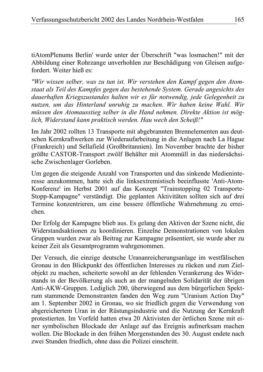 Seite 164 des Verfassungsschutzbericht 2002 Nordrhein-Westfalen
