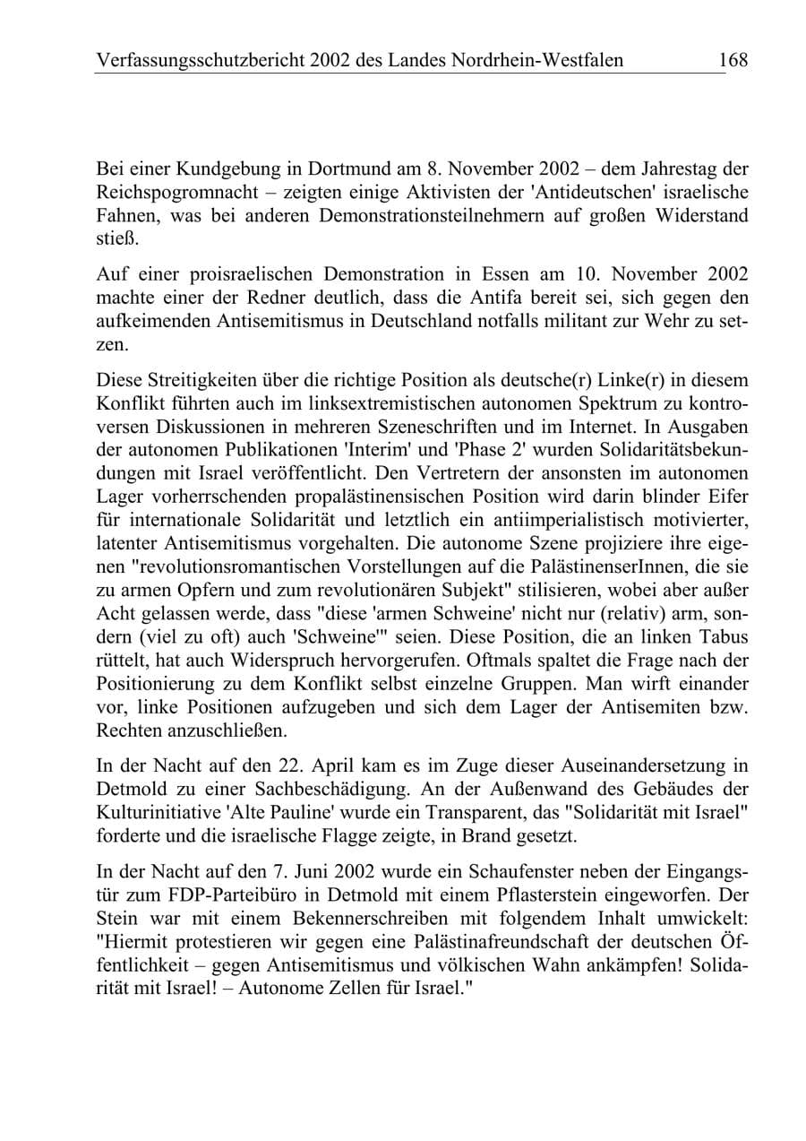 Seite 167 des Verfassungsschutzbericht 2002 Nordrhein-Westfalen