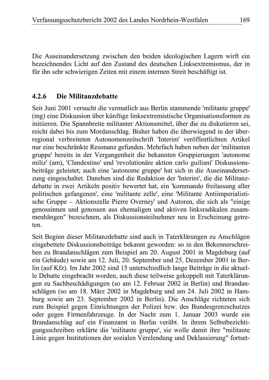 Seite 168 des Verfassungsschutzbericht 2002 Nordrhein-Westfalen
