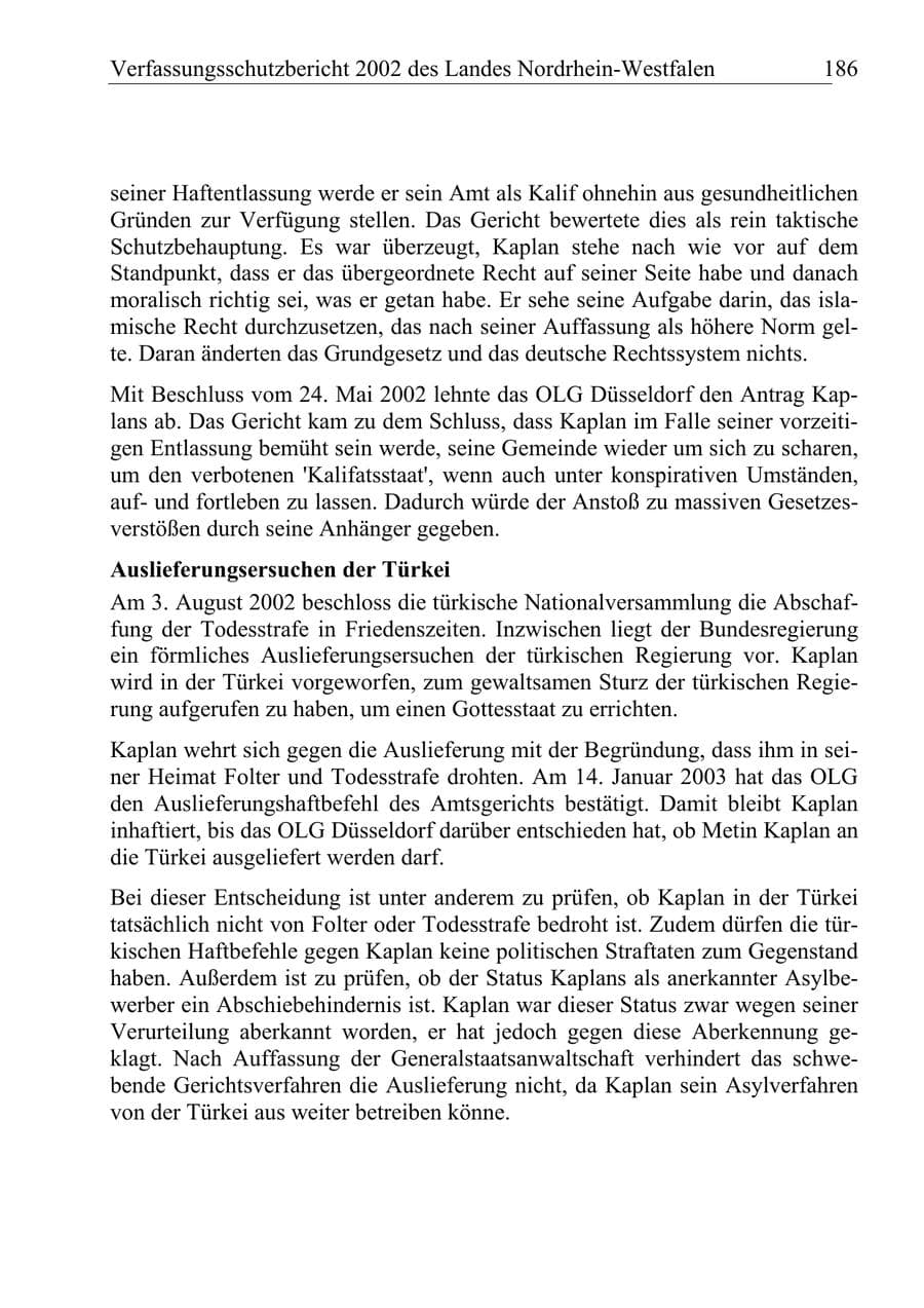Seite 185 des Verfassungsschutzbericht 2002 Nordrhein-Westfalen