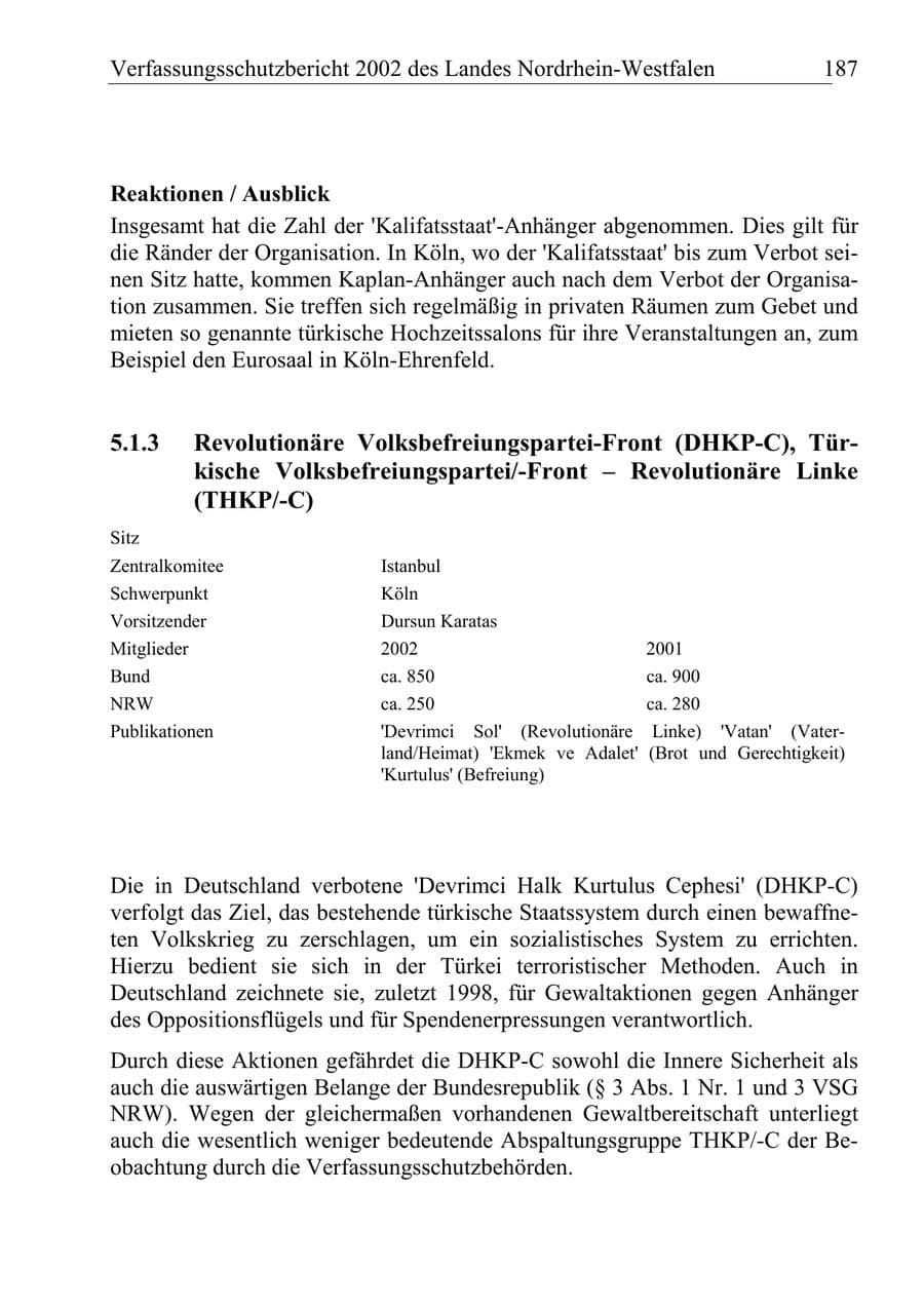 Seite 186 des Verfassungsschutzbericht 2002 Nordrhein-Westfalen