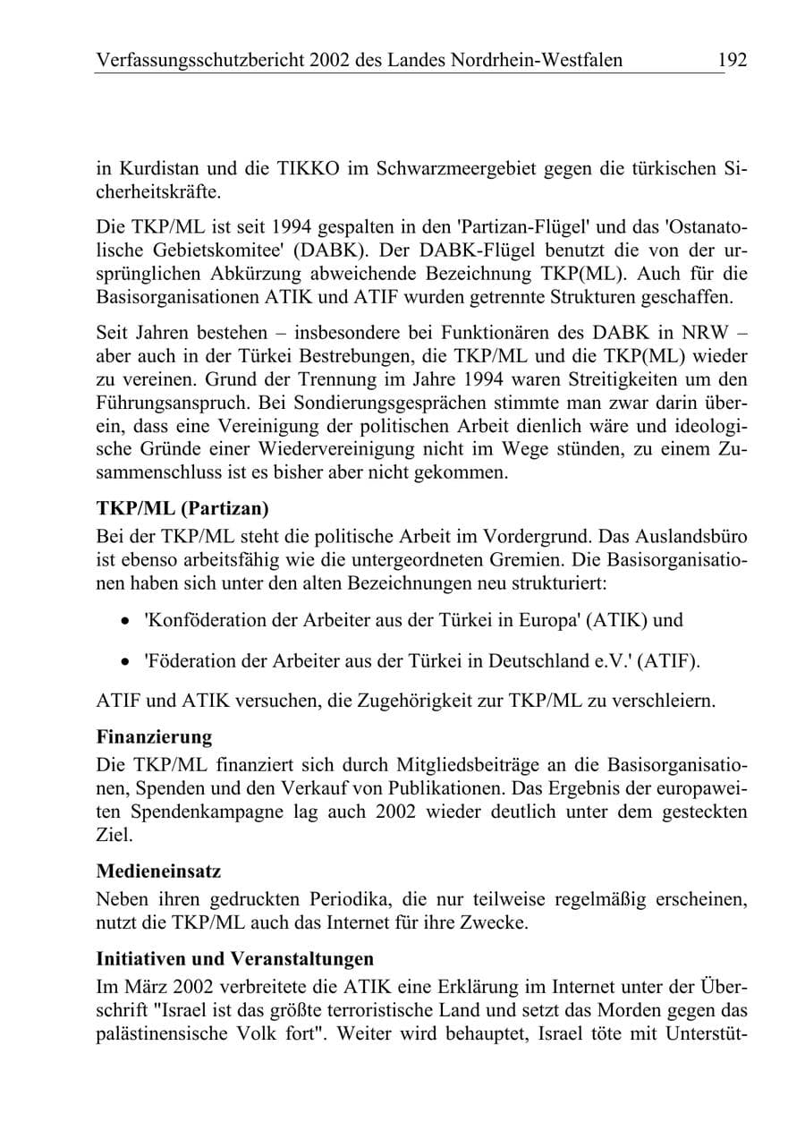 Seite 191 des Verfassungsschutzbericht 2002 Nordrhein-Westfalen