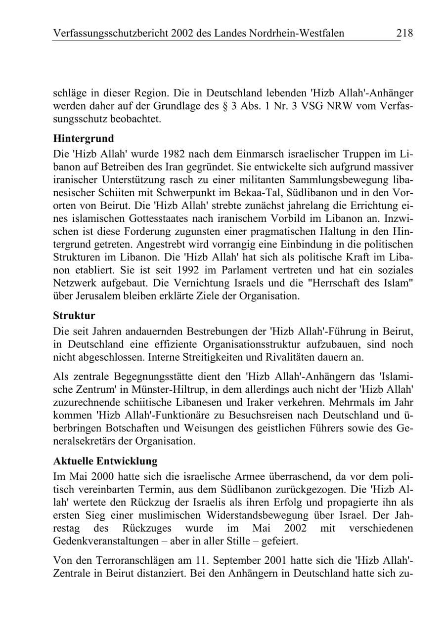 Seite 217 des Verfassungsschutzbericht 2002 Nordrhein-Westfalen