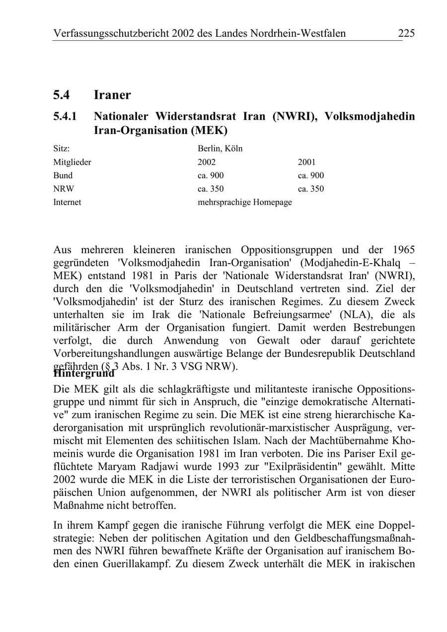 Seite 224 des Verfassungsschutzbericht 2002 Nordrhein-Westfalen