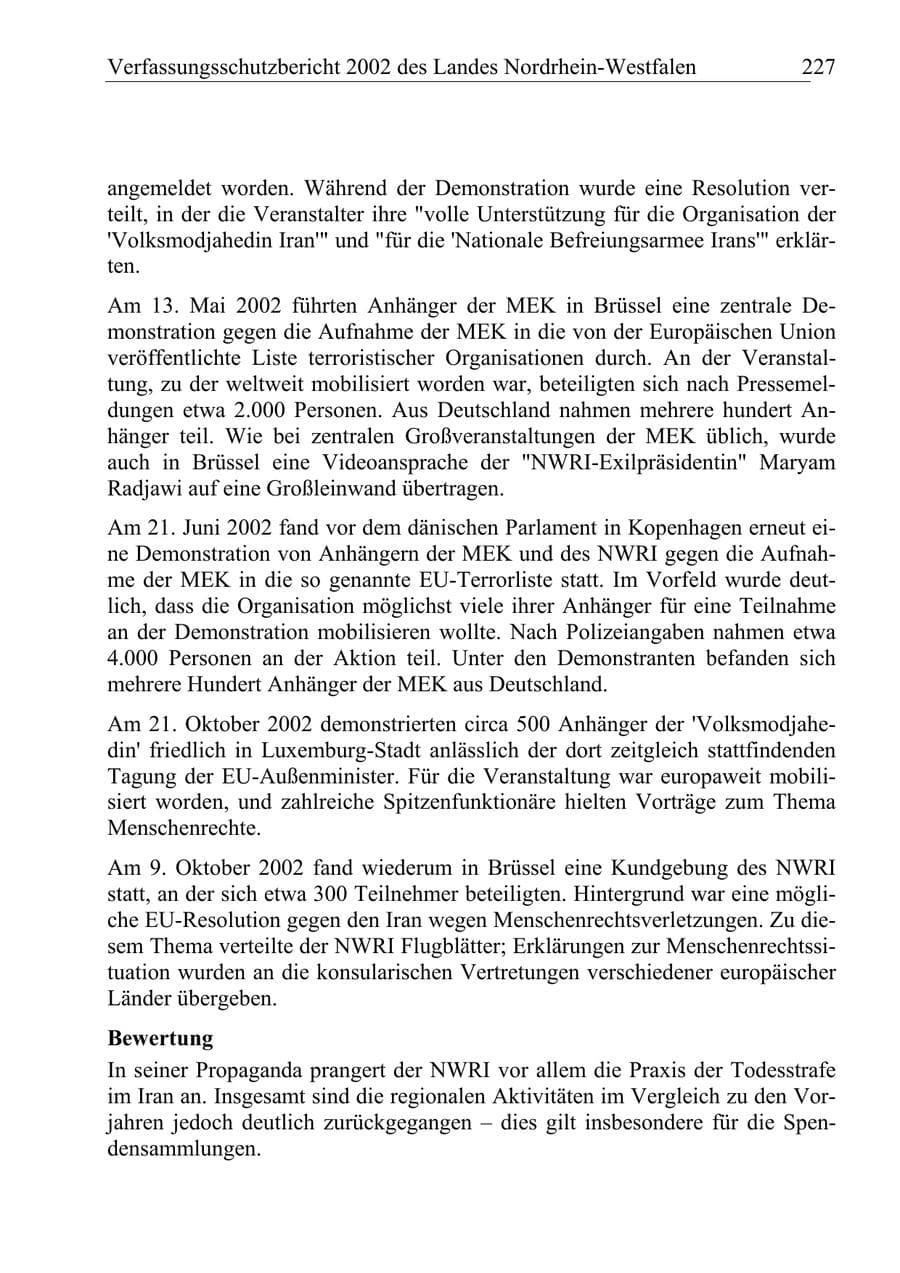 Seite 226 des Verfassungsschutzbericht 2002 Nordrhein-Westfalen