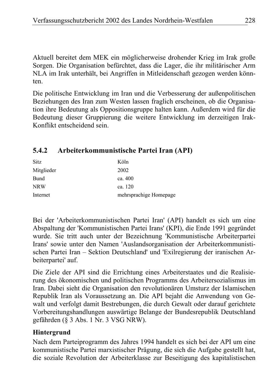 Seite 227 des Verfassungsschutzbericht 2002 Nordrhein-Westfalen