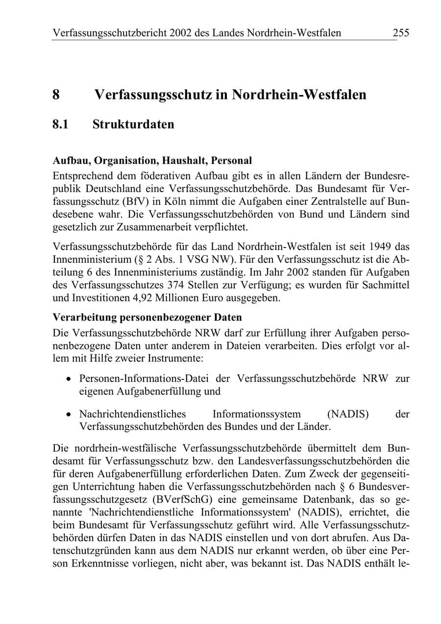 Seite 254 des Verfassungsschutzbericht 2002 Nordrhein-Westfalen