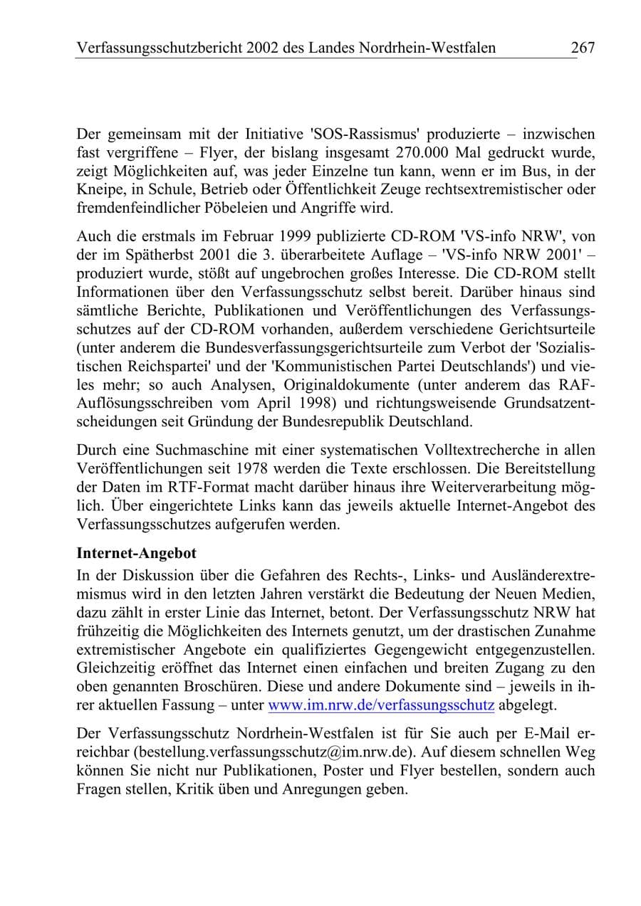 Seite 266 des Verfassungsschutzbericht 2002 Nordrhein-Westfalen