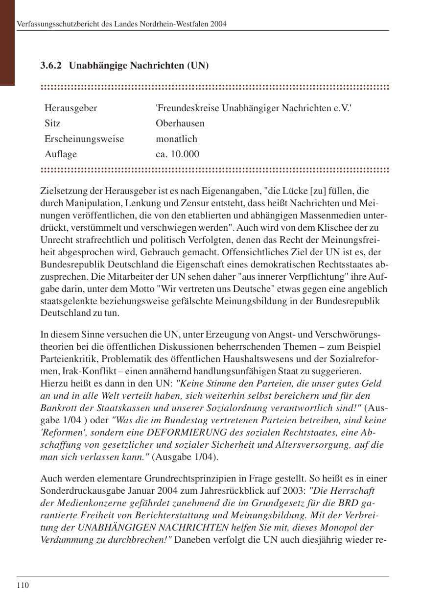 Seite 112 des Verfassungsschutzbericht 2004 Nordrhein-Westfalen