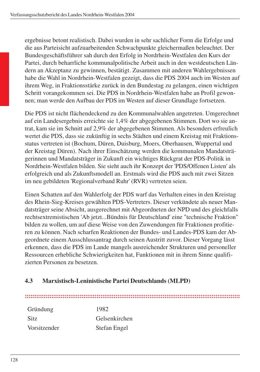 Seite 130 des Verfassungsschutzbericht 2004 Nordrhein-Westfalen