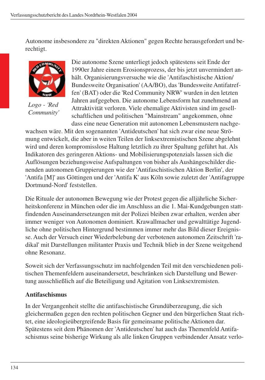 Seite 136 des Verfassungsschutzbericht 2004 Nordrhein-Westfalen