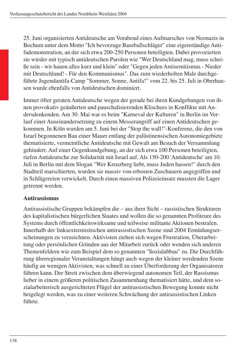 Seite 140 des Verfassungsschutzbericht 2004 Nordrhein-Westfalen