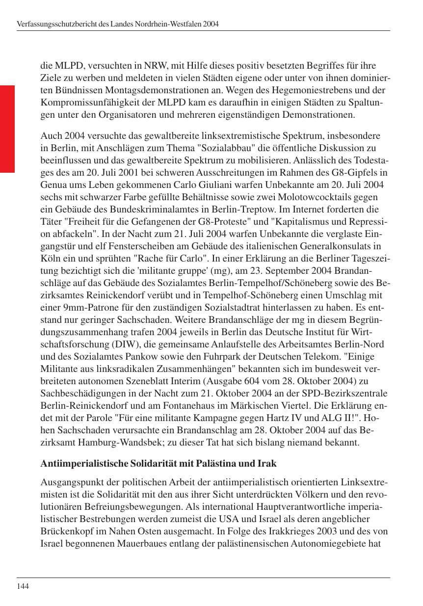 Seite 146 des Verfassungsschutzbericht 2004 Nordrhein-Westfalen