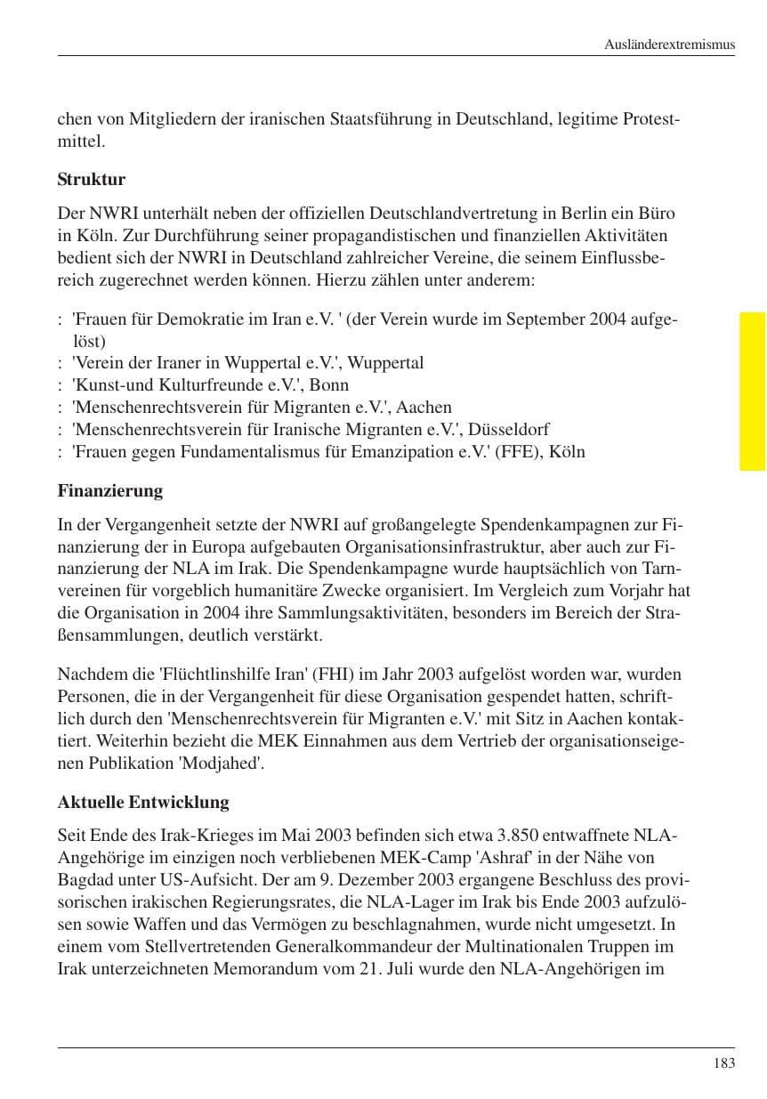 Seite 185 des Verfassungsschutzbericht 2004 Nordrhein-Westfalen
