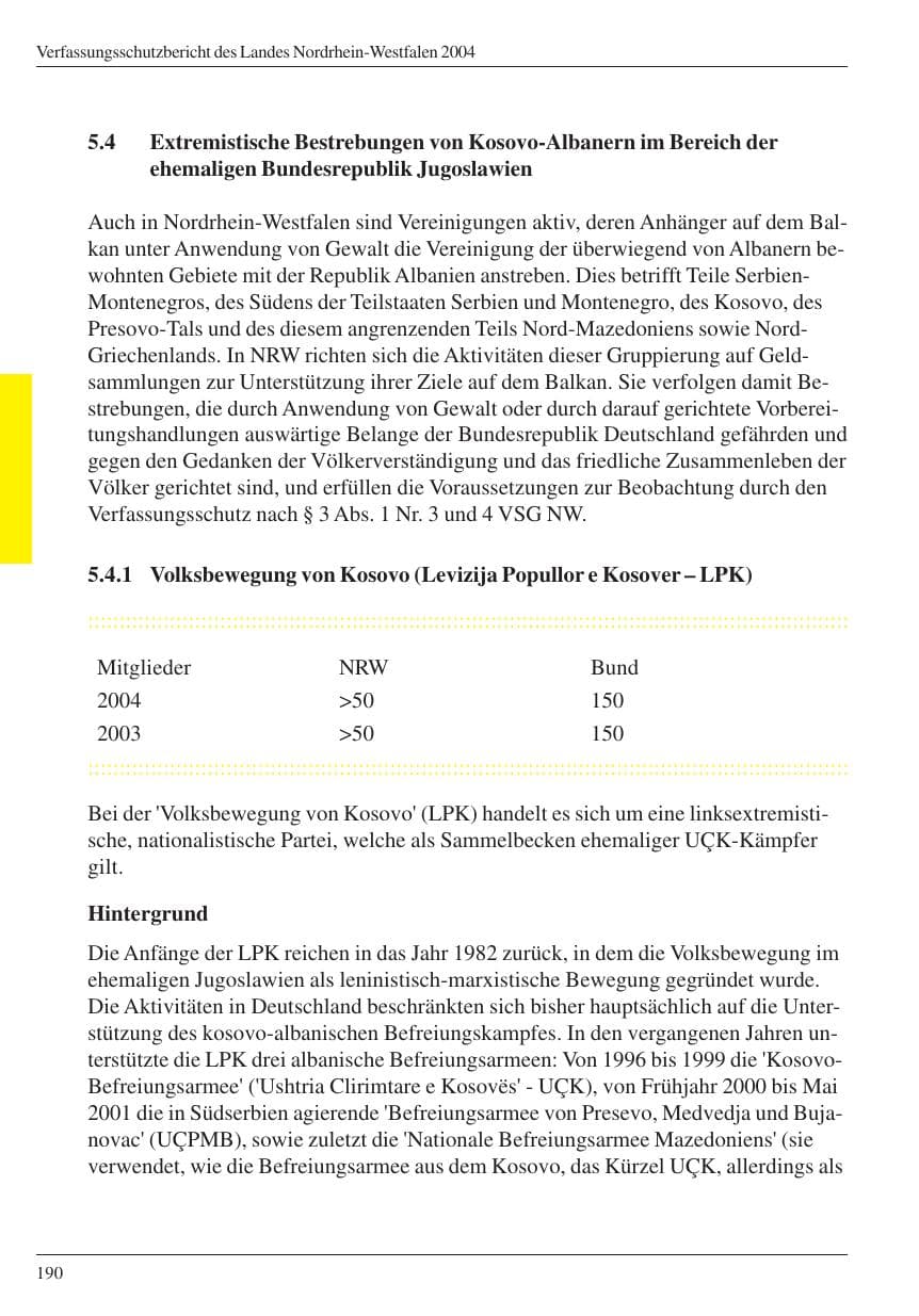 Seite 192 des Verfassungsschutzbericht 2004 Nordrhein-Westfalen